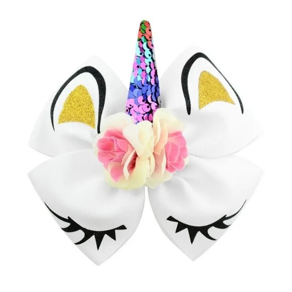 White Unicorn Girls Hair Bow Tie 7 inches - Picture 1 of 1